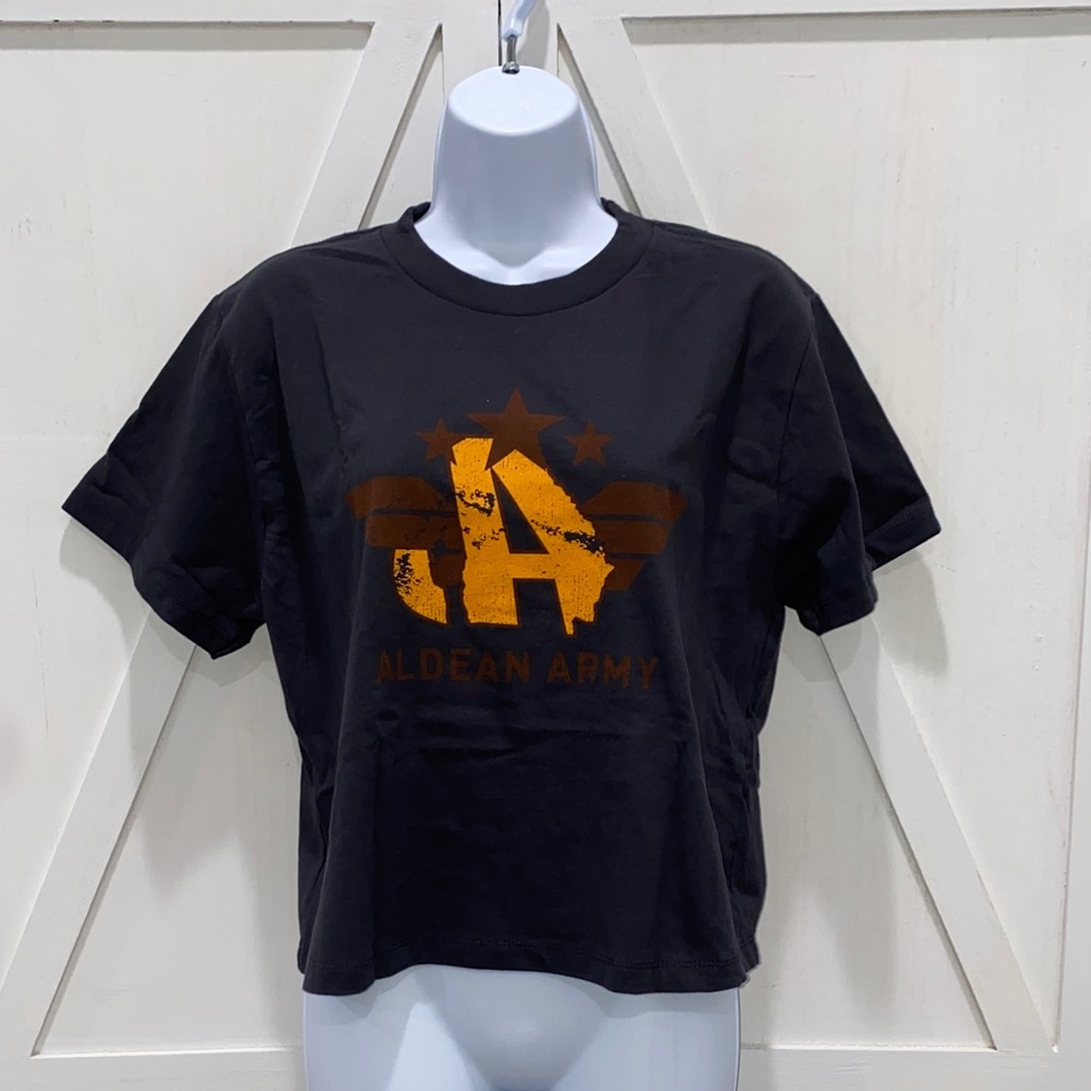 Aldean Army Black Short Sleeve Tee Band Tee Cropped Size Large Box Cut